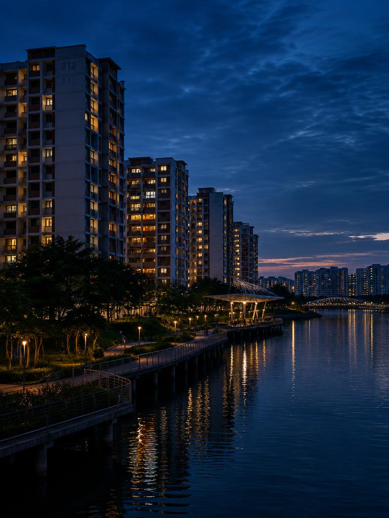 Punggol HDB blocks by the water at dusk